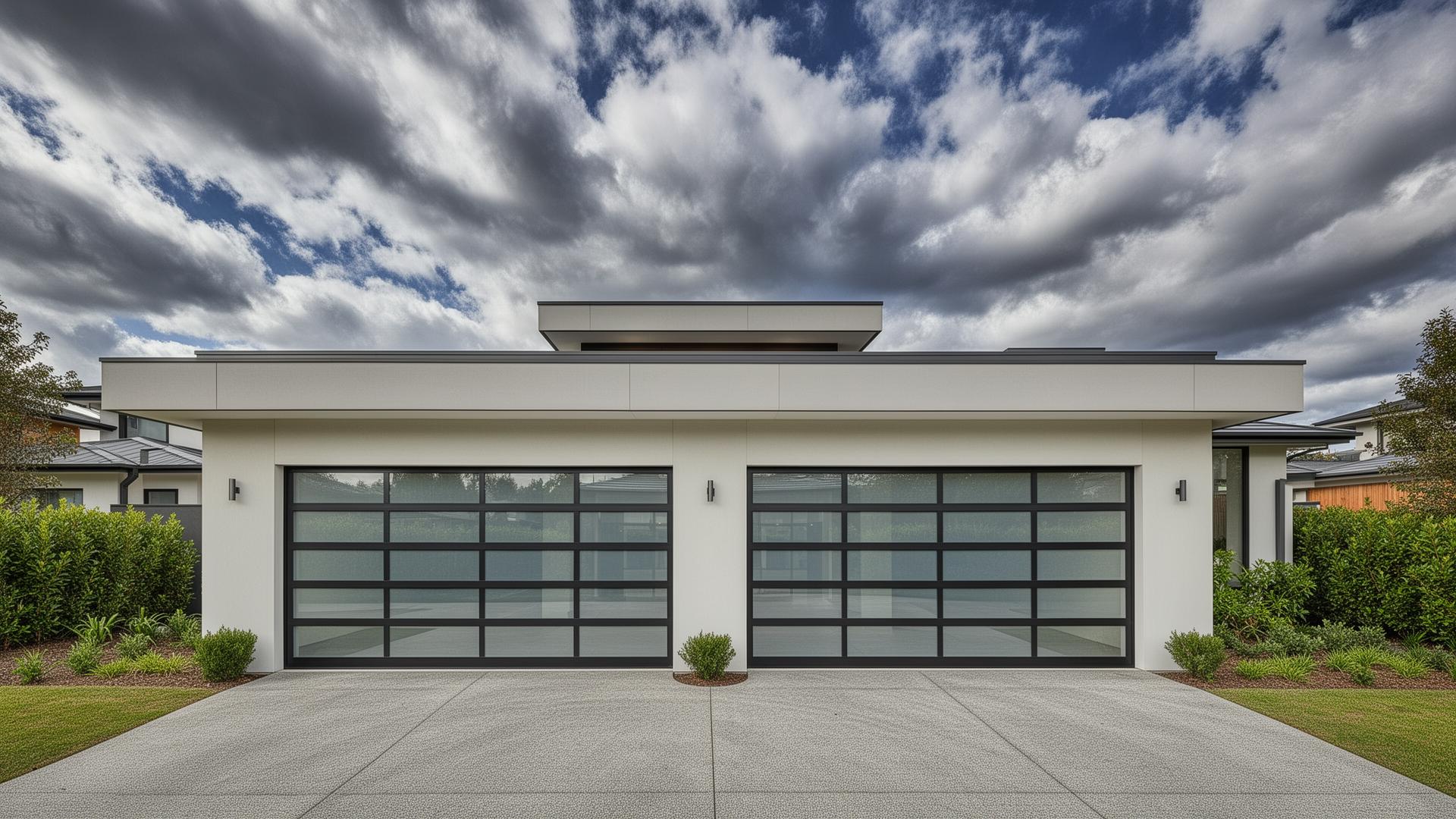 Modern contemporary home with premium aluminum garage doors featuring full glass panels