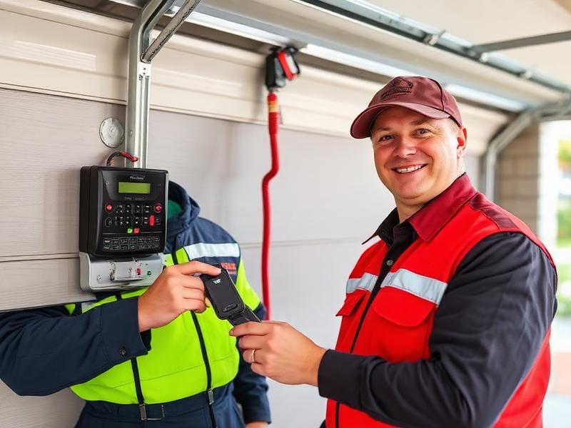 Rocky River Garage Doors uniformed technician programming garage door keypad and remote control system